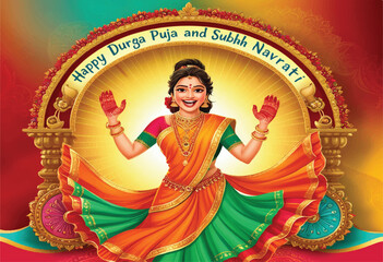 Obraz premium A vibrant and colorful digital illustration of Ma Durga's serene face, set against a warm, golden and red background.