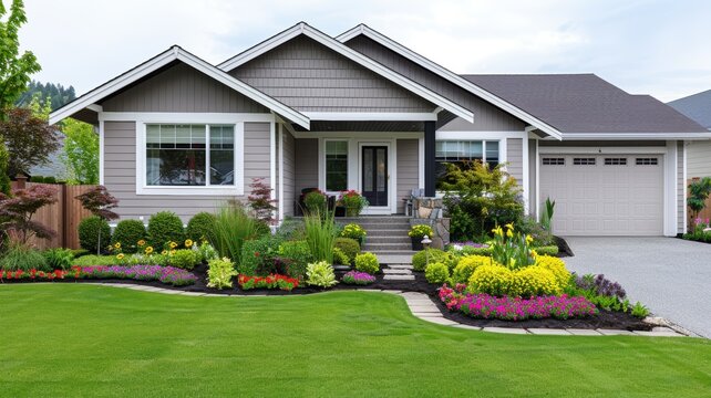 A beautiful suburban home with vibrant landscaping, featuring a well-maintained yard and colorful flower beds.