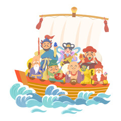 宝船に乗る七福神の手書きイラスト