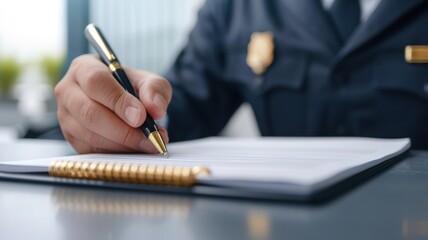 A police officer writing notes in a clipboard, capturing essential information in a professional setting.