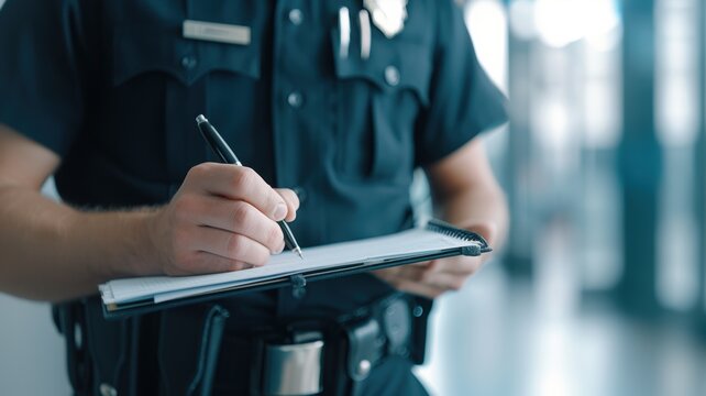 A police officer writes notes on a clipboard, showcasing law enforcement duties in a modern environment.