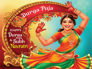 A vibrant and colorful digital illustration of Ma Durga's serene face, set against a warm, golden and red background.