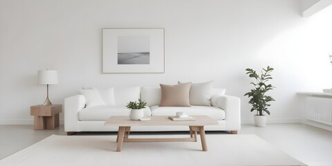 Fototapeta premium A minimalist living room with a white sofa, a wooden coffee table, and a white wall with framed artwork.