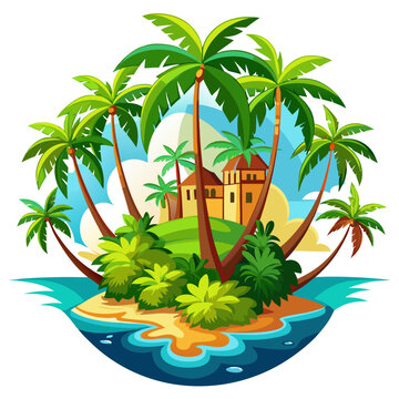 recommend clip art: Tropical Island with Palm Trees and Houses