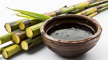 A bowl of dark molasses with fresh sugarcane stalks on a white background.