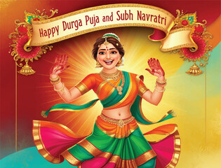 A vibrant and colorful digital illustration of Ma Durga's serene face, set against a warm, golden and red background.