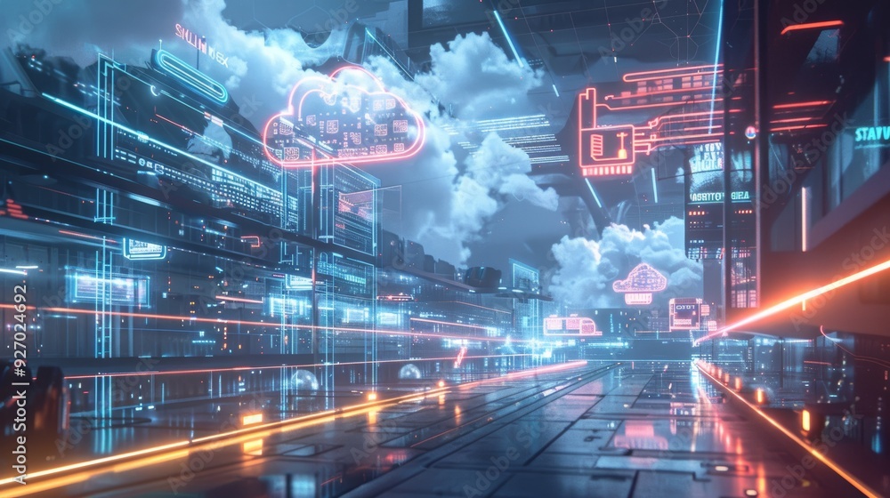 Poster futuristic cloud storage technology with holographic interfaces and ai in a high-tech workspace