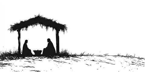 Black and white stencil silhouette of the nativity scene white background, Christmas themed, black lines on pure white.