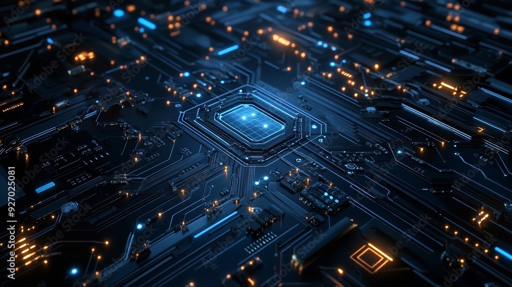 Poster closeup of an intricate circuit board with glowing lights, representing the complex inner proportion