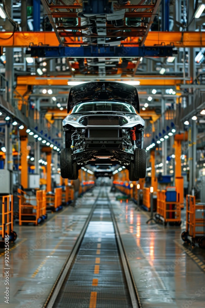 Poster engineer monitoring car production line efficiency using advanced digital interface in a busy factor