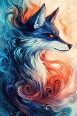 Colorful illustration of an anime wolf with long hair, swirling colors