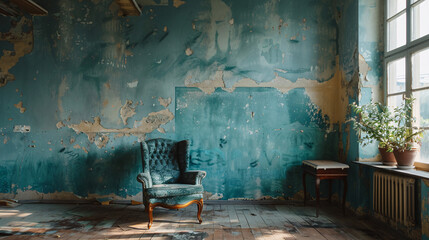 A single, blue velvet armchair sits in a room with peeling turquoise walls and a large window. The room feels vintage and a bit melancholic.