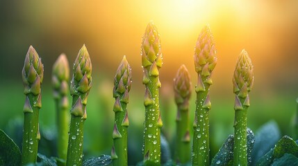 A close-up of asparagus plants growing in the field, with dew glistening on the spears in the early morning light