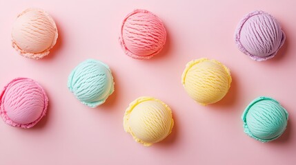 top view of ice cream of different colors on pastel background.