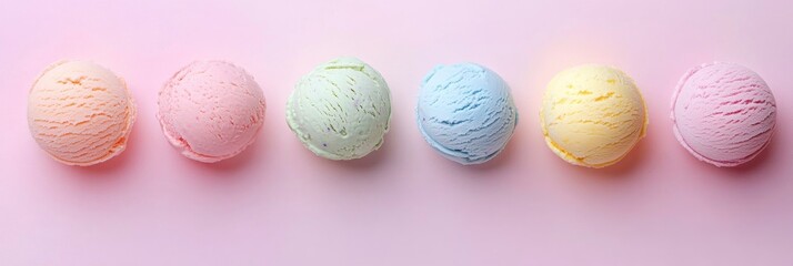 Fototapeta premium top view of ice cream of different colors on pastel background.