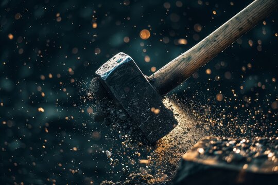 Sledgehammer Swing Impact with Dust and Debris Flying - Intense Action Capture for Print or Poster Design