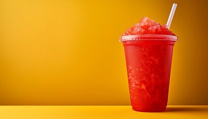 Refreshing Red Slushy in a Clear Cup Against a Vivid Yellow Green Background with Vibrant Contrast, with copy space for text, high quality
