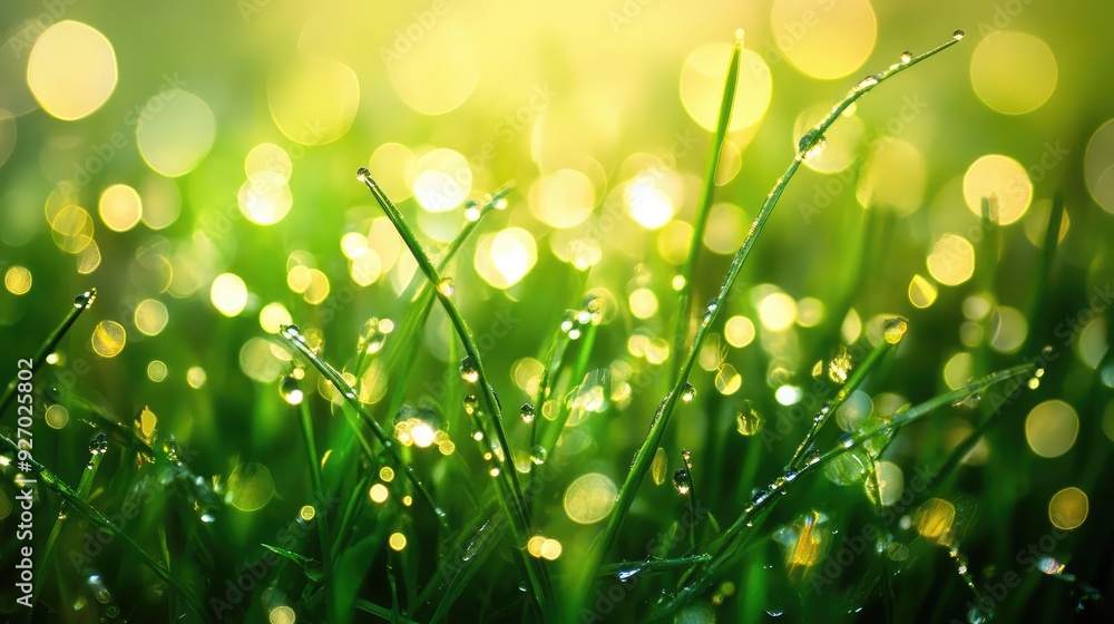 Poster a close-up view of dew drops on grass, with the sunlight creating a sparkling effect.