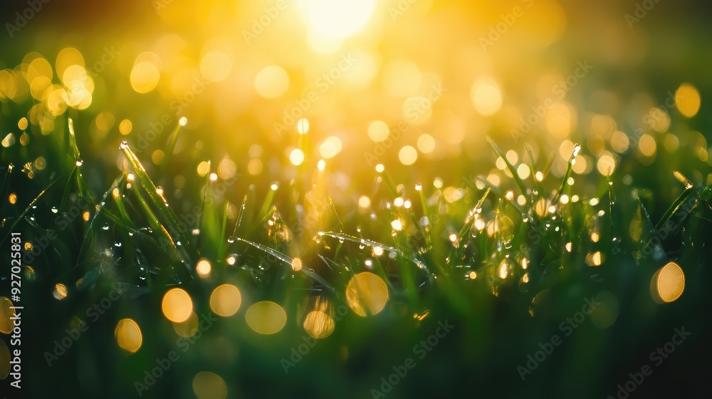 Poster a close-up view of dew drops on grass, with the sunlight creating a sparkling effect.