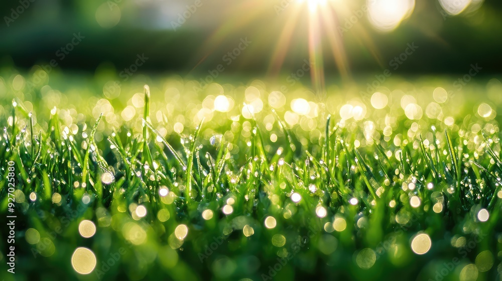 Poster a close-up view of dew drops on grass, with the sunlight creating a sparkling effect.