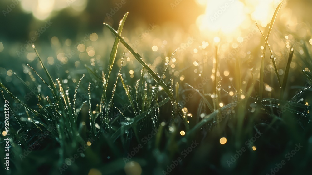 Poster a close-up view of dew drops on grass, with the sunlight creating a sparkling effect.