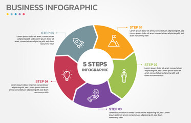 Visual data presentation. Cycle diagram with 5 options. Pie Chart Circle infographic template with 5 steps, options, parts, segments. Business concept. Marketing infographic vector illustration.