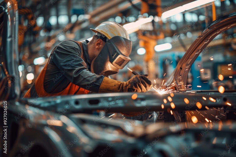 Poster engineer inspecting weld quality on car assembly line in modern factory setting