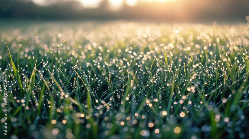 Poster a field of dew-covered grass, with droplets creating a sparkling blanket across the ground.