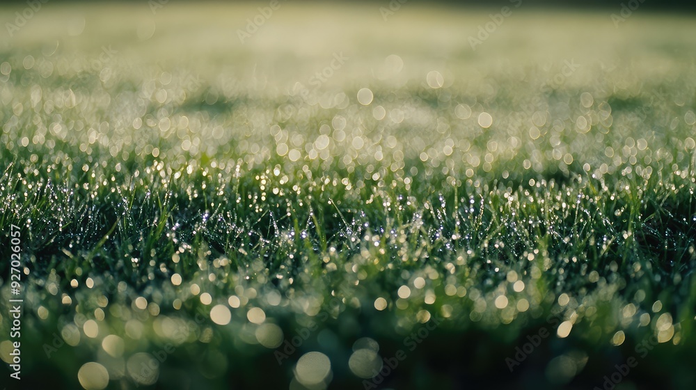Poster a field of dew-covered grass, with droplets creating a sparkling blanket across the ground.
