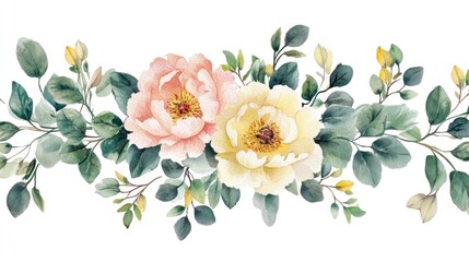 Fototapeta premium Watercolor floral bouquet peonies and eucalyptus in a long garland with leaves. A rustic beige white yellow green color palette.