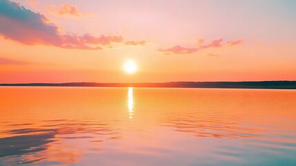 Fototapeta premium Golden Hour Serenity: A breathtaking sunset paints the sky with vibrant hues, casting a warm glow on the tranquil waters of a serene lake. The sun's reflection dances on the surface.