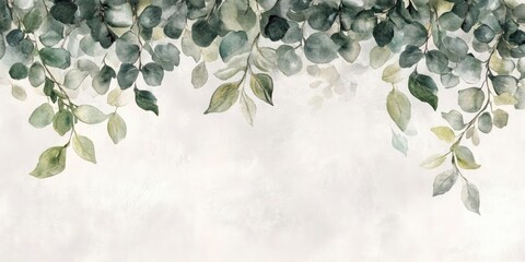 Watercolor painting of green leaves hanging from the top left corner, soft grey background, neutral colors