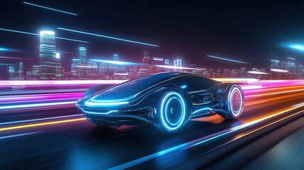 Futuristic car driving on the highway, with neon lights and city skyline in background