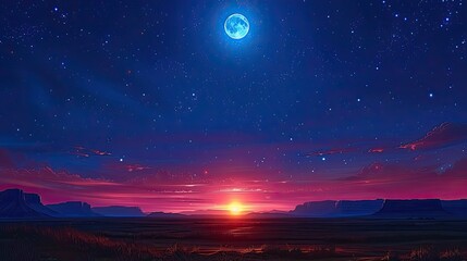 Fototapeta premium blue starry sky landscape at dusk against red sunset clouds background wide view of universe with stars 