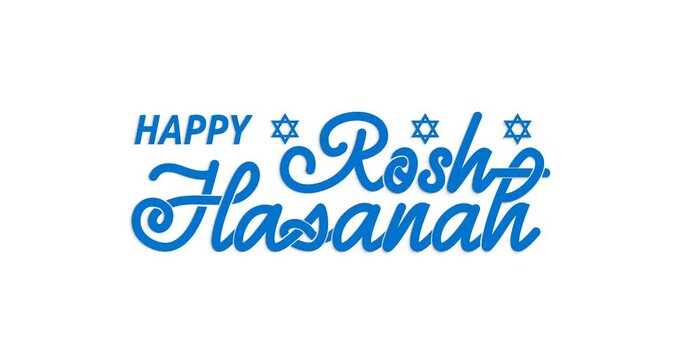 Happy Rosh Hashanah text animation. Handwritten calligraphy in blue color with alpha channel. Jewish New Year. Handwritten lettering with menorah and Star of David. The lettering of the Jewish holiday