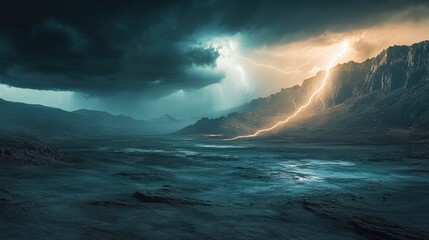 Naklejka premium A bleak, empty terrain under a stormy sky, with lightning violently connecting with the earth.