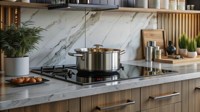 A contemporary kitchen with a pot on an induction cooktop, showcasing sleek countertops and modern cabinets. The image symbolizes culinary expertise, modern living, and clean design.