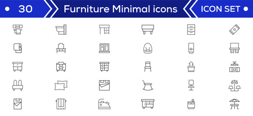 Furniture Minimal line icons Bundle. Sofa, Chair, Table, Bed, Lamp, Wardrobe, Mirror, Desk icon for apps and website