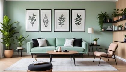 Fototapeta premium A modern living room with a mint green sofa, black shelves displaying artwork and plants, and a wooden coffee table.