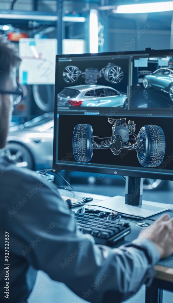 Poster engineer working on car suspension system design with detailed cad models on computer
