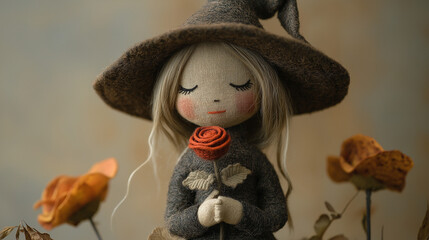 his image features an adorable handcrafted doll with a soft, whimsical design. The doll is dressed in earthy tones of brown and beige, giving it a warm, autumnal feel. It wears a pointed witch's hat a