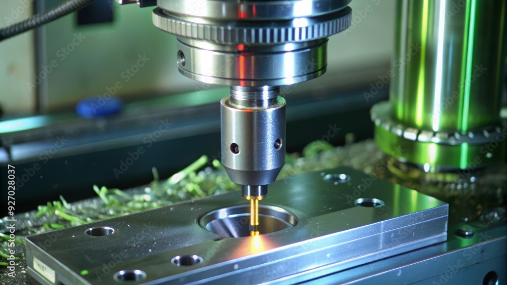 Poster a close-up shot of a cnc machine drilling a hole in a metal part. this image represents precision en