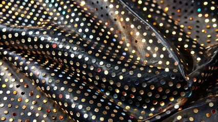 A close-up texture of black fabric with gold sequins, symbolizing elegance, glamour, party, celebration, and fashion.