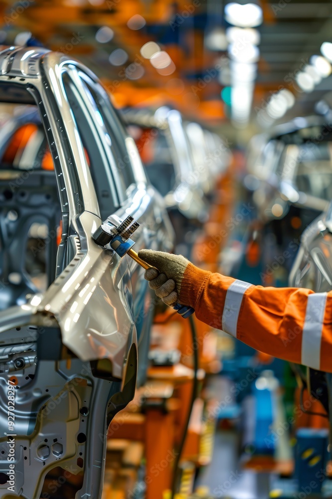 Poster automotive engineer using torque wrench on car chassis in advanced assembly line factory