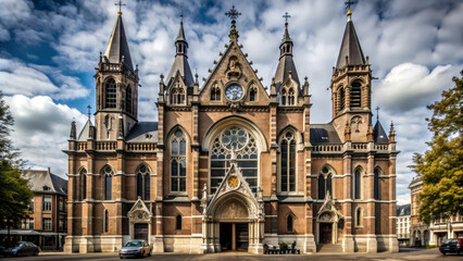Fototapeta premium A grand Neo-Gothic church stands tall with intricate details and stained glass windows, symbolizing faith, history, and architectural artistry.