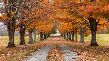 Naklejka premium long, straight road lined with trees with bright orange leaves