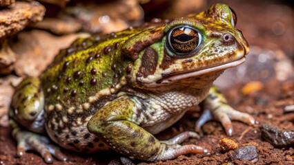 A detailed close-up of a toad, showcasing its green and brown coloration, textured skin, and captivating eyes. The toad is perched on a bed of brown earth, creating a natural and captivating image.