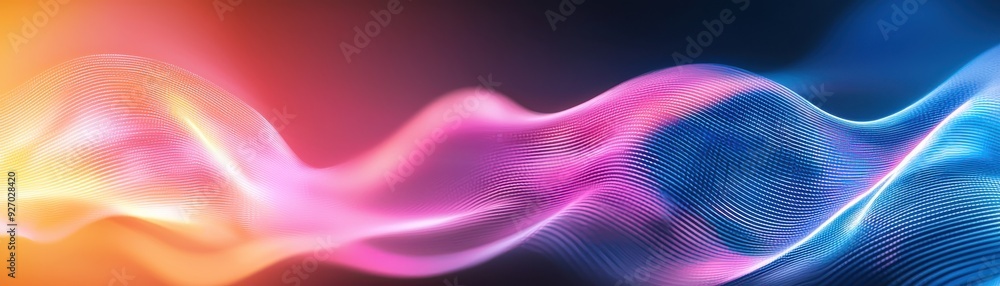 Poster colorful abstract wave patterns create a dynamic visual effect, blending hues of blue, pink, and ora