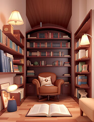 2D Flat-Style Illustration of a Cozy Reading Nook with a Comfortable Chair, Bookshelves, and a Warm Lamp, Set Against a Simple Background with Ample Copy Space