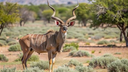 Naklejka premium A large kudu bull stands proudly in the African savanna, its impressive spiral horns reaching high. The animal is surrounded by low-lying vegetation and shrubs. The photo captures the wild beauty of 